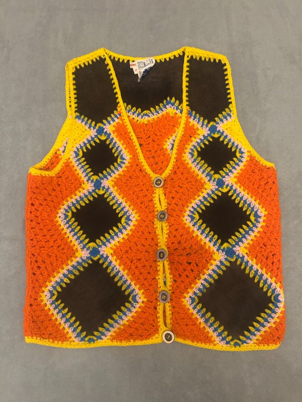 AUTHENTIC, RARE Vintage Crochet Vest Boho 70s Style Colourful Knit Festival Hipp
